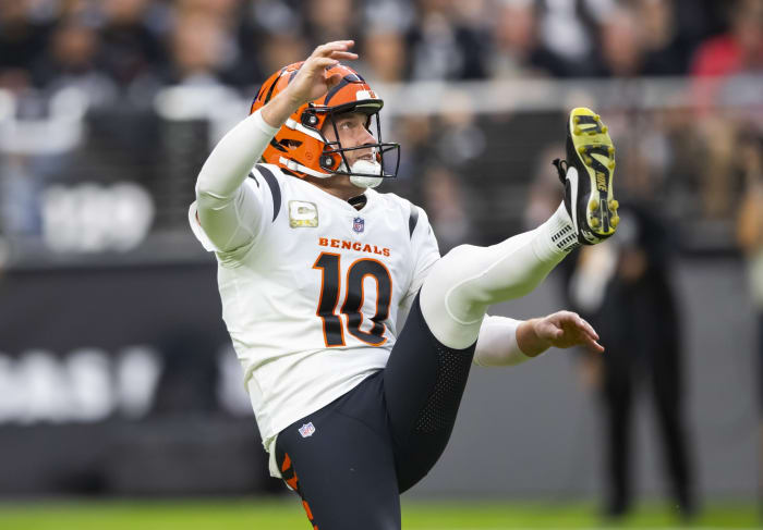 Nov 21, 2021; Paradise, Nevada, USA; Cincinnati Bengals punter Kevin Huber (10) against the Las Vegas Raiders at Allegiant Stadium. Mandatory Credit: Mark J. Rebilas-USA TODAY Sports